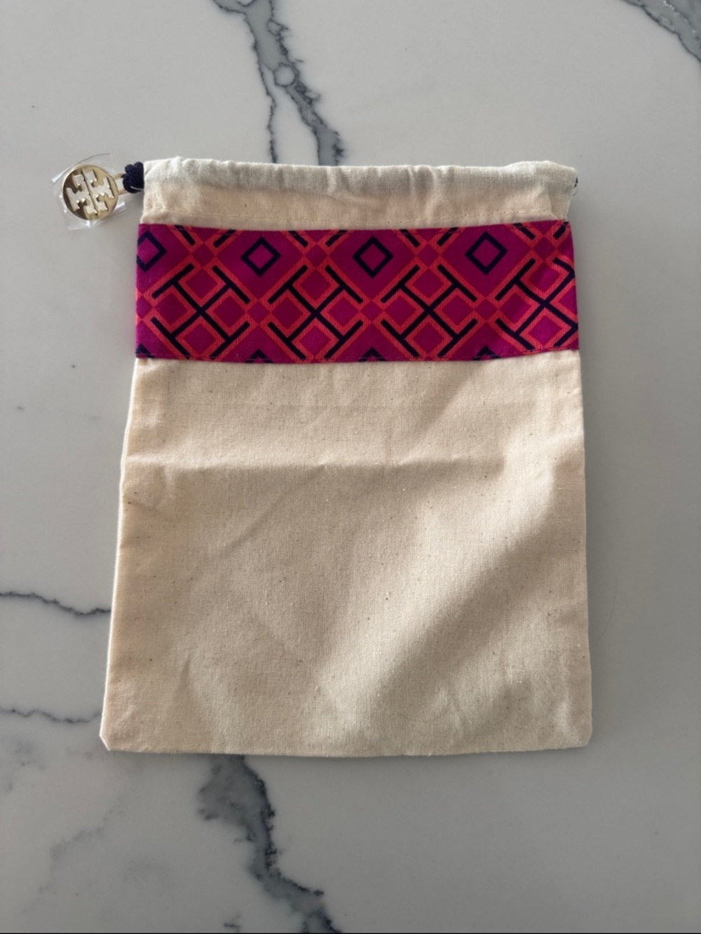 Tory Burch Cream Canvas dust bag Drawstring Pouch with Pink Geometric Trim